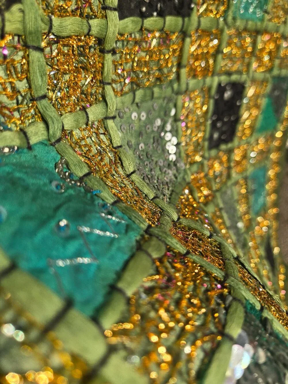 Vintage Pier 1 Imports Beaded Patchwork Placemat – Green & Gold Boho Table Decor